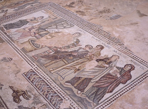 CYPRUS, Paphos, Villa of Theseus. Detail of mosaic depicting group of people and child.