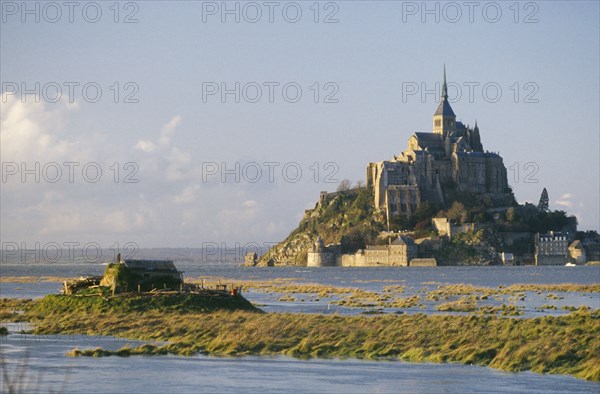 FRANCE, Normandy, Mont St Michel, View towards the island and church