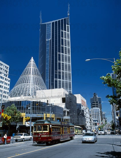 AUSTRALIA, Victoria, Melbourne, City Circle Tram in La Trobe Street with the Melbourne Central Building behind