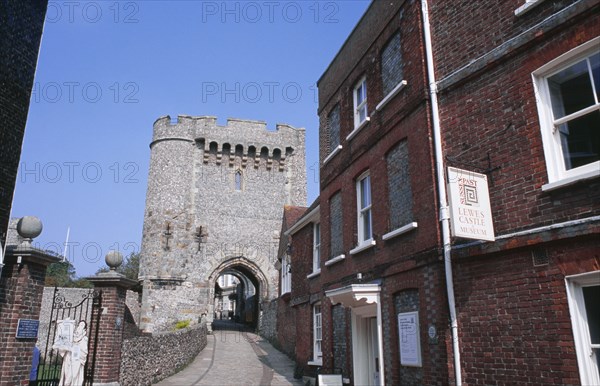 20059186 ENGLAND East Sussex Lewes Lewes Castle. View up path towards one of the semi octagonal towers and Sussex Past Museum.