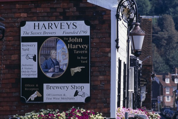 20059202 ENGLAND East Sussex Lewes John Harveys Brewery sign on side of the brewery shop.