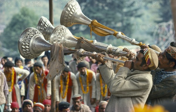 INDIA, Kulu Valley, Musicians at Dussehra Festival celebrating the triumph of Lord Rama over the demon king Ravana.