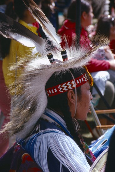 CANADA, Alberta, Edmonton, Blackfoot Native American Indian in full regalia at Pow Wow Edmonton Alberta. Indigenous Tribes Blackfoot and Hobbema Native Americans