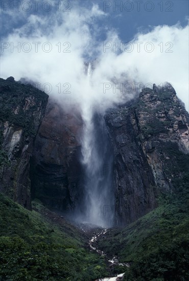 VENEZUELA, Bolivar, Canaima National Park, Angel Falls.  Highest waterfall in the world vaults from a tepuis or flat topped mesa.