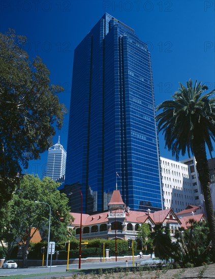 AUSTRALIA, Western Australia, Perth, Skyscrapers looming over traditional buildings in Barrack Street