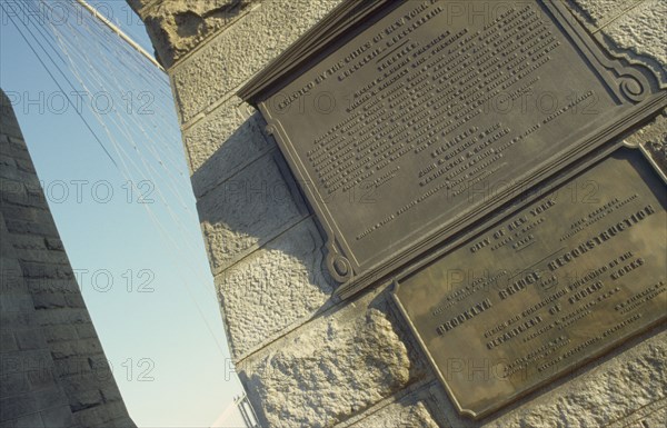 USA, New York, Manhattan, Detail of plaques on the Brooklyn Brdige