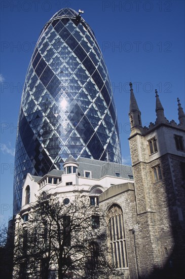 ENGLAND, London, View of the Swiss Re Tower 30 St Mary Axe designed by Sir Norman Foster