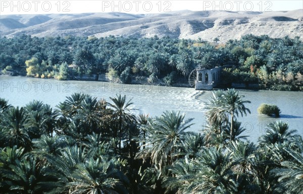 IRAQ, South, Euphrates River, River and water wheel lined by palms looking west from minaret of mosque in Qalat ana