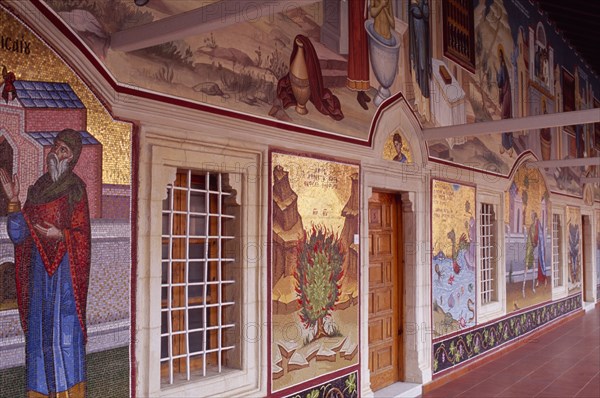 CYPRUS, Troodos Mountains, Kykko Monastery, Detail of brightly coloured mosaics depicting Old Testament scenes.