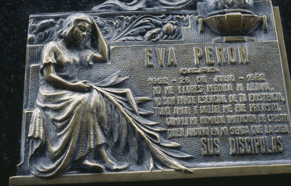 ARGENTINA, Buenos Aires, Cemetery of the Recoleta.  Memorial plaque on tomb of Eva Peron in the Duarte family mausoleum.