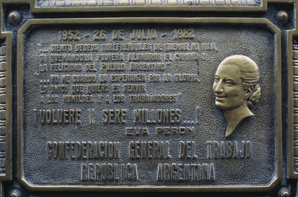 ARGENTINA, Buenos Aires, Cemetery of the Recoleta.  Memorial plaque on tomb of Eva Peron in the Duarte family mausoleum.