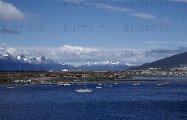 ARGENTINA, Tierra del Fuego, Ushuaia, View across the Beagle Channel to the southernmost town in the world.