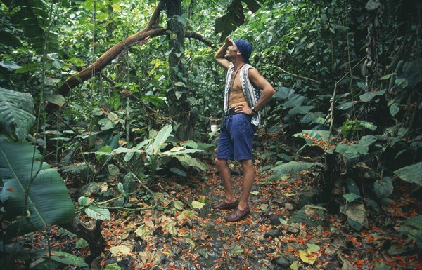 COSTA RICA, Limon Province, Ecotourism, Caribbean ecotourist birdwatching in rainforest near Cahuita.