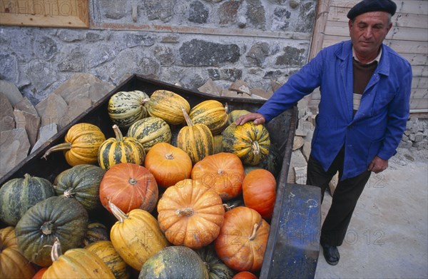BULGARIA, Sozopol, Pumpkin farmer standing beside his crop in a cart beside him
