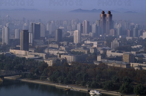 NORTH KOREA, Pyongyang, Cityscape with the Koryo Hotel twin towers amongst other skyscrapers.