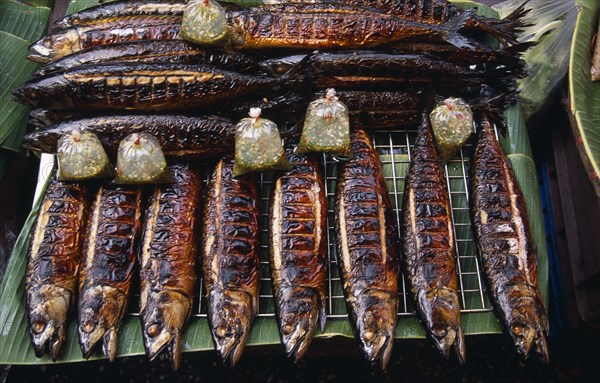 THAILAND, North , Chiang Mai, Lam Yai Market.  Stall displaying grilled fish and bags of dipping sauce for sale.