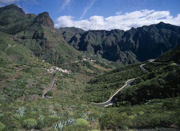 SPAIN, Canary Islands, Tenerife, Masca.  Winding road through valley with housing on terraced lower slopes and steep cliffs above.