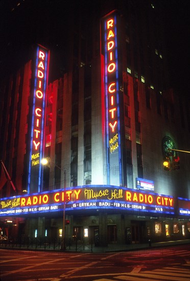 USA, New York State, New York City, Radio City Music Hall and the Rockefeller Centre illuminated at night