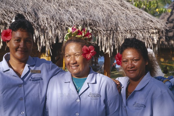 PACIFIC ISLANDS, French Polynesia, Tuamotu Islands, Ringiroa.  Portrait of women workers in hotel complex.