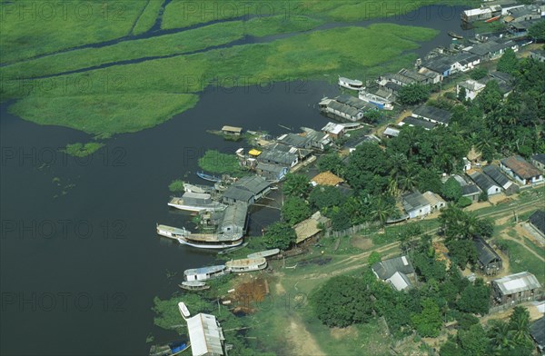 BRAZIL, Para, Obidos, Aerial view over urban home gardens in the Amazon