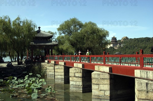 CHINA, Beijing, Summer Palace, View of a bridge on brick supports with the complex buildings visible through trees