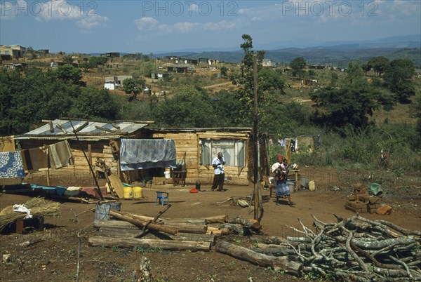 SOUTH AFRICA, Mpumalanga, Near Graskop, Wooden family homes with vegetable gardens.