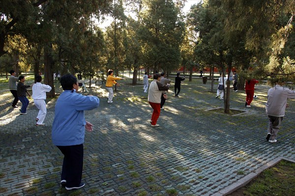 CHINA, Beijing, Group of people doing Tai Chi in the park