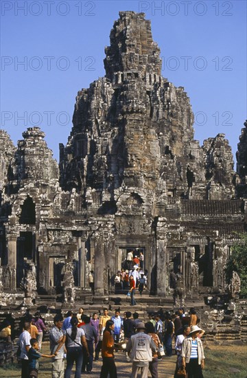 CAMBODIA, Siem Reap, Angkor Thom, Bayon Temple south entrance with tourists during Chinese New Year