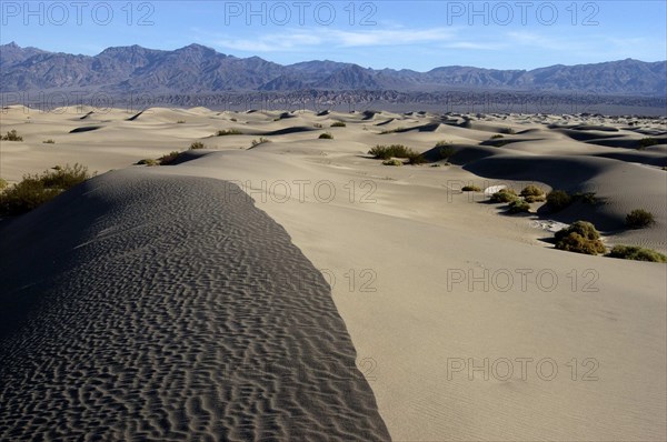 USA, California, Death Valley, View along the ridge of a sand dune in the desert landscape with a rocky horizon in the distance