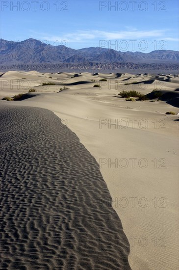 USA, California, Death Valley, View along the ridge of a sand dune in the desert landscape with a rocky horizon in the distance