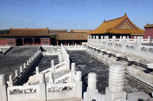 CHINA, Beijing, Forbidden City, Small group of buildings in the complex on a raised level with steps leading up to them