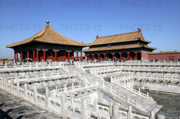 CHINA, Beijing, Forbidden City, Small group of buildings in the complex on a raised level with steps leading up to them