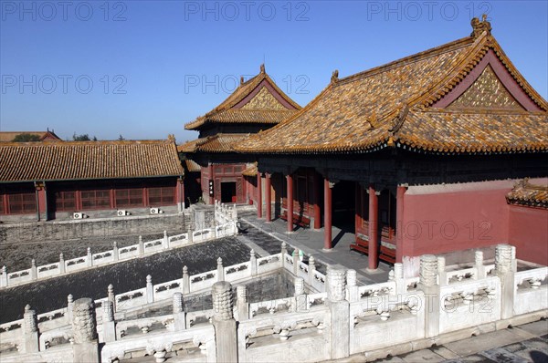 CHINA, Beijing, Forbidden City, Small group of buildings in the complex on a raised level with steps leading up to them