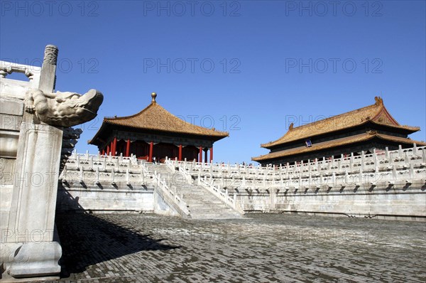 CHINA, Beijing, Forbidden City, Small group of buildings in the complex on a raised level with steps leading up to them