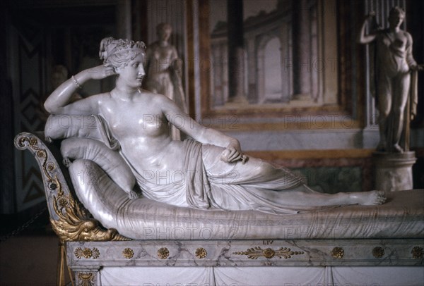 ITALY, Lazio, Rome, "Museo Borghese. Sculpture of reclining Venus by Antonio Canova 1805 which used Pauline Borghese, the sister of Napoleon as a model and was considered shocking at the time"