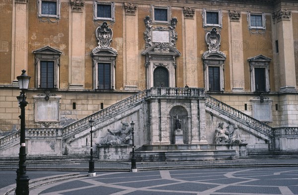 ITALY, Lazio, Rome, Piazza del Campidoglio.  Part view of exterior of the Palazzo Senatorio or Senators Palace.