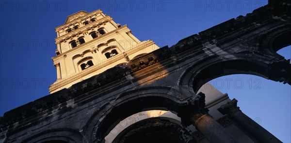 CROATIA, Split, Angled view looking up the bell tower of the Cathedral of St Domnius