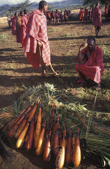 KENYA, Kajiado, Gourds filled with honey beer are lined up at the beginning of the initiation ceremony that will bring the young Maasai Moran or young warriors into manhood.