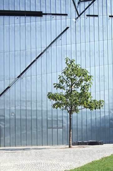 GERMANY, Berlin, Detail of the Judisches Museum metalic exterior with a tree outside