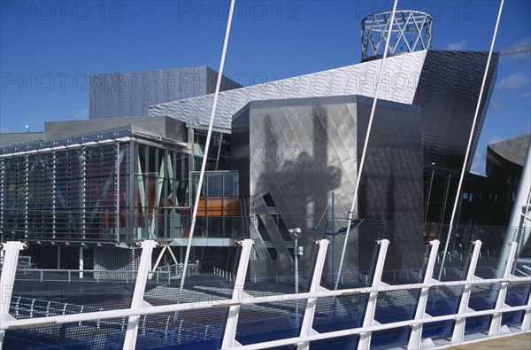 ENGLAND, Manchester, Exterior view of the Lowry Arts Centre seen from the footbridge