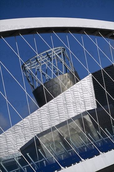 ENGLAND, Manchester, Exterior view of the Lowry Arts Centre seen through the footbridge