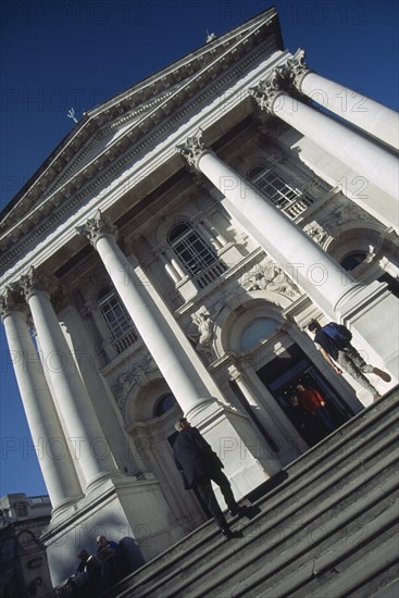 ENGLAND, London, Angled view looking up the steps toward the columned facade of the Tate Britain Gallery