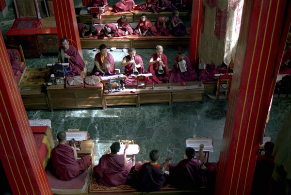 INDIA, Sikkim, Rumtek Gompa, View looking down on Pujar ceremony and the making of a spiritual Mandala