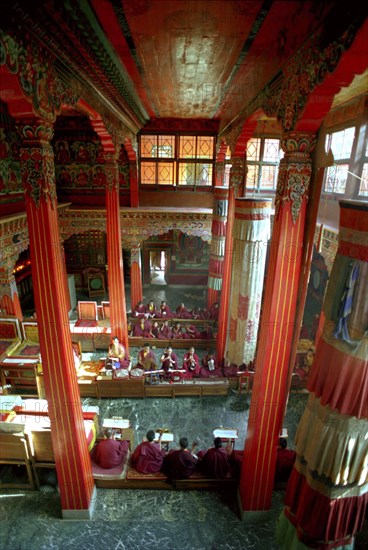 INDIA, Sikkim, Rumtek Gompa, View looking down on Pujar ceremony and the making of a spiritual Mandala