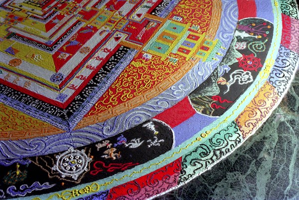 INDIA, Sikkim, Rumtek Gompa, Detail of decorative painting for the Pujar ceremony  and the making of a spiritual Mandala