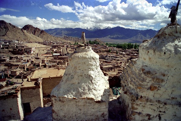 INDIA, Ladakh, Leh, Township viewed from the ancient Leh Palace and Gompa rooftop