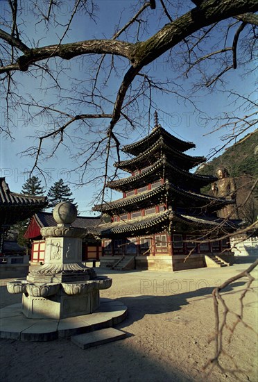 SOUTH KOREA, Songnisan National Park, Popchusa, View from Temple courtyard toward the five roofed Palsangjon Hall