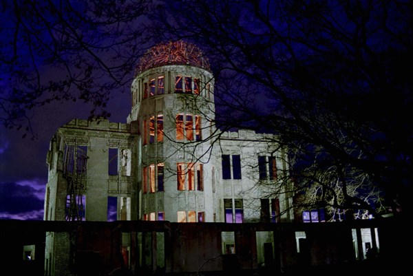 JAPAN, Honshu, Hiroshima, View of the A Bomb Dome illuminated at night