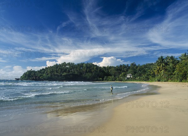 SRI LANKA, Pallikkudawa, Quiet sandy beach fringed with palm trees on the south coast with fisherman standing in shallow water at shoreline and building amongst trees behind.