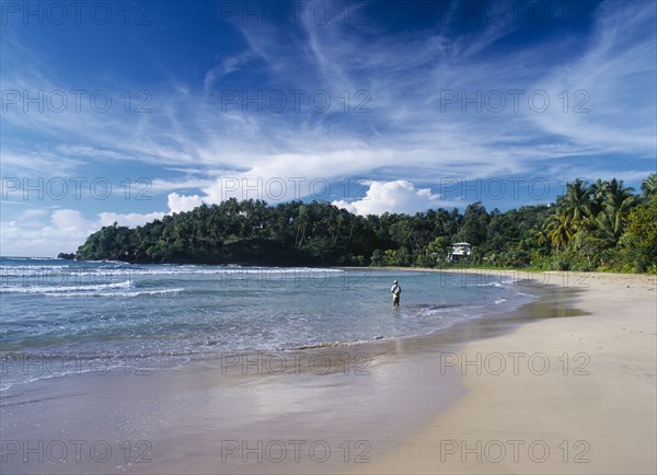 SRI LANKA, Pallikkudawa, Quiet sandy beach fringed with palm trees on the south coast with fisherman standing in shallow water at shoreline and building amongst trees behind.